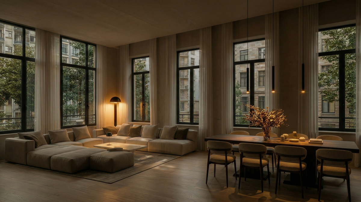 Warm, inviting living room in the evening, soft light from several sources visible, no people, calm composition (landscape)